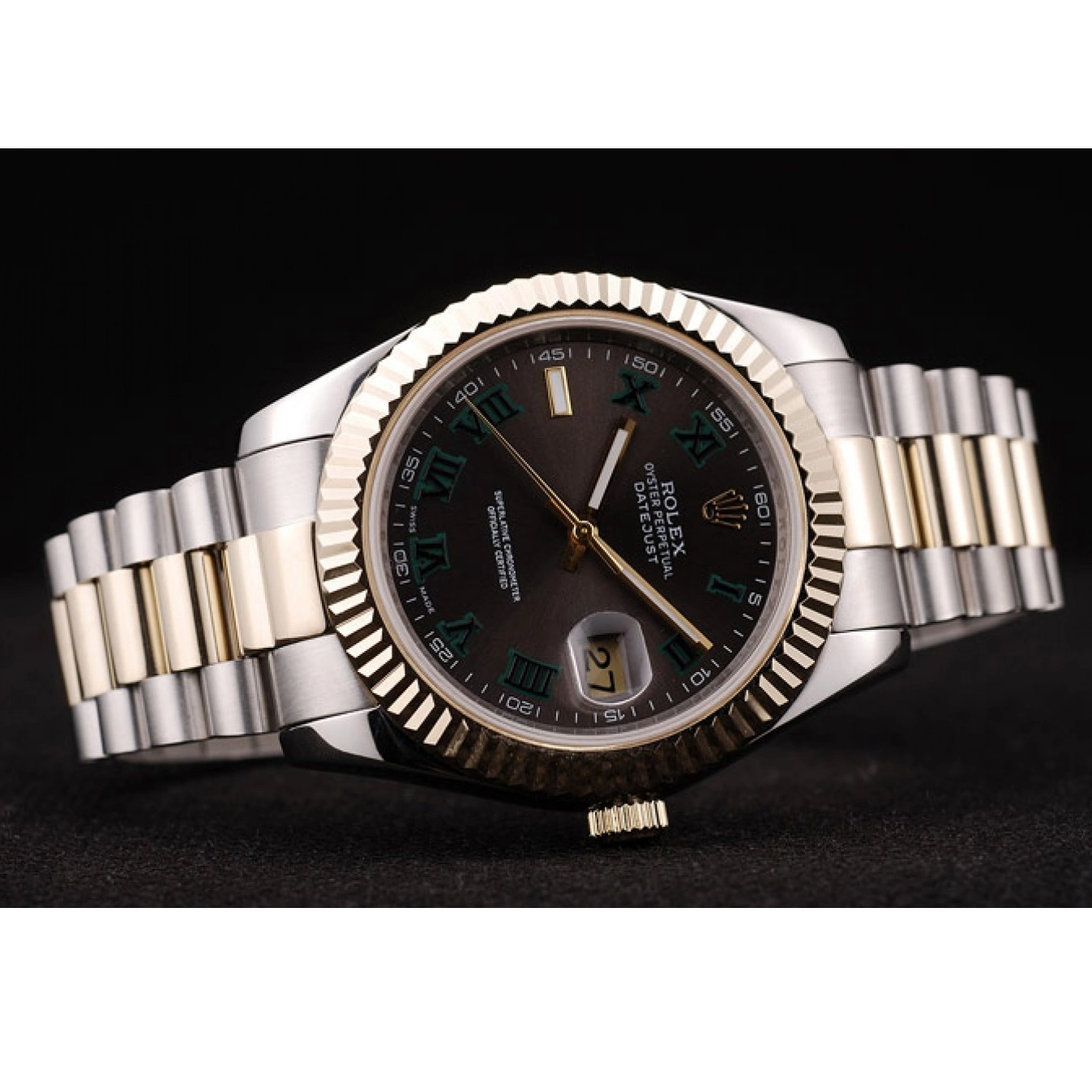 Rolex aaa copy Gold Bezel Brown Ribbed Pattern Rolex Dial DateJust 0708